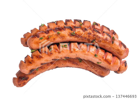 Delicious fried grilled meat sausage, ready to eat. Isolated on white for versatile advertising campaigns, recipe cards, or flyers. Delicious fried grilled meat sausage, ready to eat. Isolated on white for versatile advertising campaigns, recipe cards, or flyers. 137446693