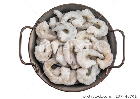 Top view of frozen raw prawns shrimp in a rustic metal bowl, isolated on a clean white background. Perfect for commercial use. Top view of frozen raw prawns shrimp in a rustic metal bowl, isolated on a clean white background. Perfect for commercial use. 137446701