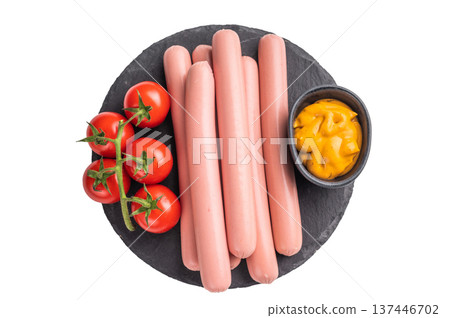Raw pink hot dog sausages (frankfurters/wieners) on a clean white background. Essential, versatile image for food packaging and commercial use. 137446702
