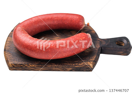 Delicious, spicy Turkish sucuk. Dry-cured sausage is perfect for grilling, frying, or enjoying as an appetizer. Delicious, spicy Turkish sucuk. Dry-cured sausage is perfect for grilling, frying, or enjoying as an appetizer. 137446707