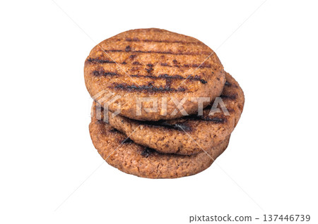 Grilled plant based burger patty vegan meat alternative with grill marks isolated on white background top view Grilled plant based burger patty vegan meat alternative with grill marks isolated on white background top view 137446739