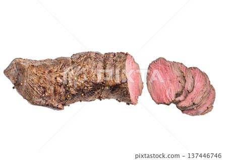 Cooked roast beef cut sliced and served medium. Baked beef meat with pepper seasoning and tender texture on white background. Cooked roast beef cut sliced and served medium. Baked beef meat with pepper seasoning and tender texture on white background. 137446746