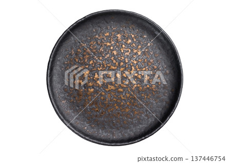 Empty black ceramic plate top view on white background. Minimal tableware mockup with copy space Empty black ceramic plate top view on white background. Minimal tableware mockup with copy space 137446754