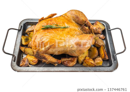 Oven baked whole chicken with herbs and potatoes rustic homemade dinner on isolated background Oven baked whole chicken with herbs and potatoes rustic homemade dinner on isolated background 137446761