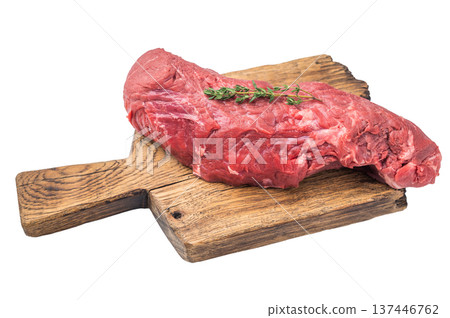 Fresh uncooked beef cut tenderloin with herbs on rustic board isolated on white background. Ideal ingredient for roast beef cooking. Fresh uncooked beef cut tenderloin with herbs on rustic board isolated on white background. Ideal ingredient for roast beef cooking. 137446762