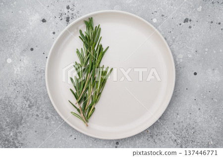White empty plate with green rosemary garnish on neutral background. Modern food presentation with copy space 137446771