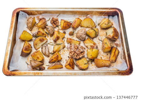 Golden roasted potato wedges with herbs and garlic. Homemade comfort food side dish cooked in oven 137446777