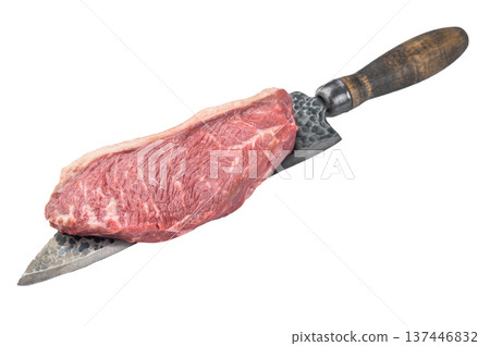 Uncooked picanha beef steak on butcher knife with rosemary, premium sirloin cap cut isolated on white background Uncooked picanha beef steak on butcher knife with rosemary, premium sirloin cap cut isolated on white background 137446832