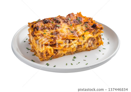 Italian lasagne al forno with minced beef cheese and pasta layers baked until golden close up on white plate Italian lasagne al forno with minced beef cheese and pasta layers baked until golden close up on white plate 137446834