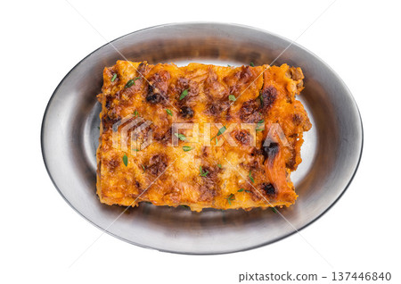 Classic Italian lasagne al forno with beef meat sauce and melted cheese on plate over isolated background 137446840