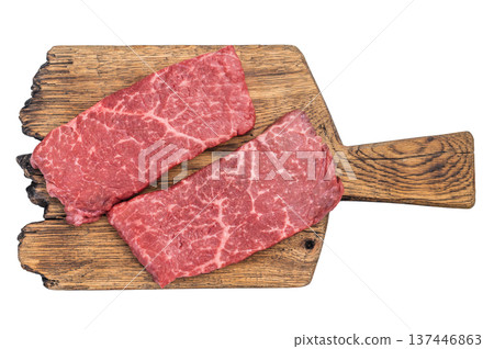 Raw wagyu beef top side top round with thyme on wooden board. isolated background premium red meat with copy space. Raw wagyu beef top side top round with thyme on wooden board. isolated background premium red meat with copy space. 137446863