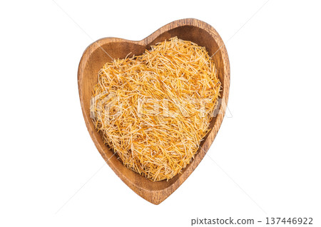 Kataifi shredded phyllo pastry dough in bamboo bowl isolated on white background. Traditional dessert ingredient flatlay Kataifi shredded phyllo pastry dough in bamboo bowl isolated on white background. Traditional dessert ingredient flatlay 137446922