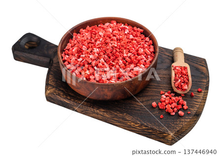 Sublimated strawberry pieces with bright red color in bamboo bowl. Organic berry ingredient isolated top view Sublimated strawberry pieces with bright red color in bamboo bowl. Organic berry ingredient isolated top view 137446940