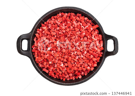Lyophilized strawberry granules with crunchy texture in bowl. Natural superfood ingredient for desserts baking Lyophilized strawberry granules with crunchy texture in bowl. Natural superfood ingredient for desserts baking 137446941