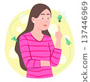 Young Woman Thinking Good Idea and Pointing a Light Bulb Symbol for Creative Thinking Concept Illustration Clip Art 137446969