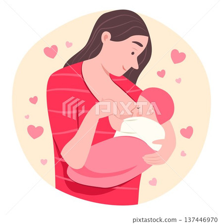 Mother Breastfeeding to Baby for Family Relations and Take Care with Love Concept Illustration Clip Art 137446970