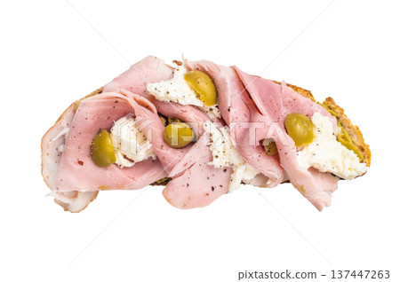 Open Sandwich with Prosciutto Cotto, mozzarella and olives isolated on white background. top view Open Sandwich with Prosciutto Cotto, mozzarella and olives isolated on white background. top view 137447263