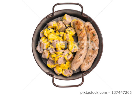 Currywurst sliced Sausages with curry sauce, wurst in steel plate isolated on white background. top view Currywurst sliced Sausages with curry sauce, wurst in steel plate isolated on white background. top view 137447265