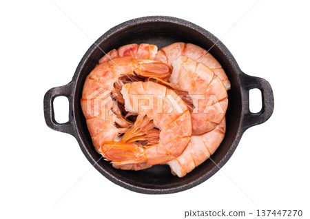 Raw Headless Red Argentine shrimps, Prawns in a skillet isolated on white background. top view Raw Headless Red Argentine shrimps, Prawns in a skillet isolated on white background. top view 137447270