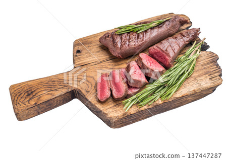 Grilled Lamb tenderloin steak, roast mutton fillet meat with herbs isolated on white background. top view Grilled Lamb tenderloin steak, roast mutton fillet meat with herbs isolated on white background. top view 137447287