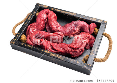 Beef cut Machete Skirt Steak, raw marble meat in wooden tray isolated on white background 137447295