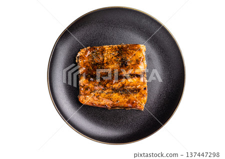Japanese Teriyaki salmon fish fillet with sauce glaze isolated on white background. top view 137447298