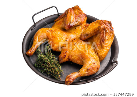 Roast Spatchcocked Chicken, poultry meat with herbs and spices isolated on white background. top view 137447299