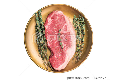 Striploin steak, Raw New York strip beef steak in a plate isolated on white background 137447300