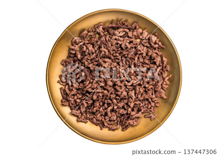 Roast and Fried mince meat, fresh cooked ground meat in a plate isolated on white background Roast and Fried mince meat, fresh cooked ground meat in a plate isolated on white background 137447306