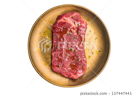 Marinated with olive oil and herbs Raw top sirloin or rump beef steak isolated on white background. top view 137447441