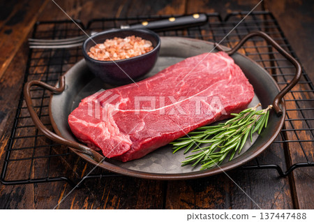 Ready for cooking Raw Rump beef steak with herbs. wooden background. top view 137447488