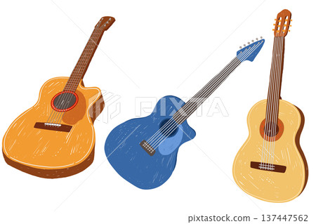 Acoustic guitar set with classic string instruments in hand drawn vintage style Acoustic guitar set with classic string instruments in hand drawn vintage style 137447562
