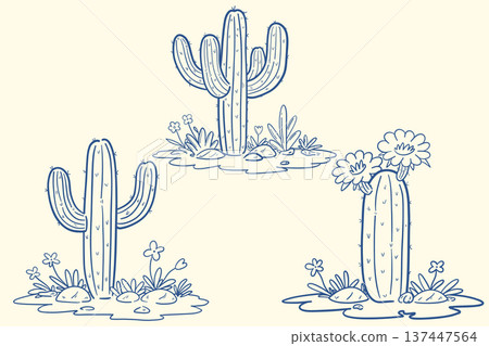 Cactus outline set with desert plants and flowers in childlike hand drawn style Cactus outline set with desert plants and flowers in childlike hand drawn style 137447564