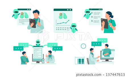 一套包含 5 張用於人工智慧醫療診斷和遠距醫療的 DX 圖像插圖 137447613