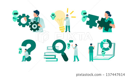 一組醫學診斷影像插圖，描繪了醫生與人工智慧協同工作的過程。 137447614