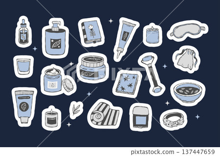 Self Care, Wellness Sticker Set. Spa Accessories, Cosmetics, Yoga Mat, Sleep Mask and Skincare, Organic Cosmetics, Aroma Oil and Book Diary. Isolated Vector Blue Indigo hand-drawn Doodle Pack 137447659