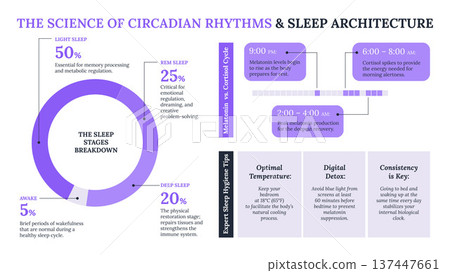 Circadian rhythms and sleep architecture science infographic. Data template Fighting Insomnia, text and Pie Chart. Horizontal vector illustration. Melatonin cycle and expert hygiene tips on White. Circadian rhythms and sleep architecture science infographic. Data template Fighting Insomnia, text and Pie Chart. Horizontal vector illustration. Melatonin cycle and expert hygiene tips on White. 137447661