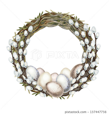 Wreath with willow branches, Easter eggs. Botanical watercolor clipart of spring renewal and Easter celebration isolated on white background for invitations, cards and seasonal design. 137447738