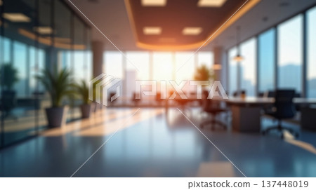 Abstract office interior background. Blurry office space. Modern workspace design with plants, blurred furniture and glass walls. Natural light, commercial building, business concept. Abstract office interior background. Blurry office space. Modern workspace design with plants, blurred furniture and glass walls. Natural light, commercial building, business concept. 137448019