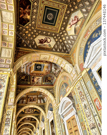 The luxurious interiors of the Raphael Loggia in the Hermitage Museum in St. Petersburg, Russia. The luxurious interiors of the Raphael Loggia in the Hermitage Museum in St. Petersburg, Russia. 137448146