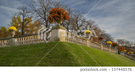 Luxembourg Gardens in Paris with autumn flowers and sculptures Luxembourg Gardens in Paris with autumn flowers and sculptures 137448576