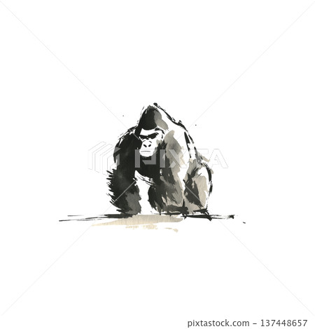 A powerfully drawn sumi-e illustration of a gorilla. A Japanese-style sumi-e animal art material. 137448657