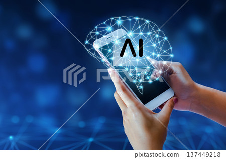 Person interacts with a holographic brain projected from a smartphone showcasing artificial intelligence technology and the future of digital interaction in a modern innovative context 137449218