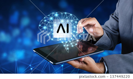 Person interacts with a holographic brain projected from a smartphone showcasing artificial intelligence technology and the future of digital interaction in a modern innovative context Person interacts with a holographic brain projected from a smartphone showcasing artificial intelligence technology and the future of digital interaction in a modern innovative context 137449220
