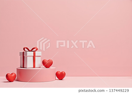 Powder red round product display stand, gift box, love heart, lover's day, mother's day, women's day, birthday, commemorative Japanese goods exhibition report sea report material 137449229