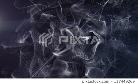 Monochrome white particle smoke ribbons with soft glow and depth on dark minimal abstract background 137449269