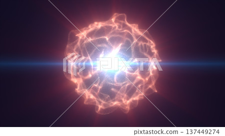 Abstract orange plasma energy sphere with bright blue lens flare and glowing wave membrane on dark background, futuristic science power core 137449274
