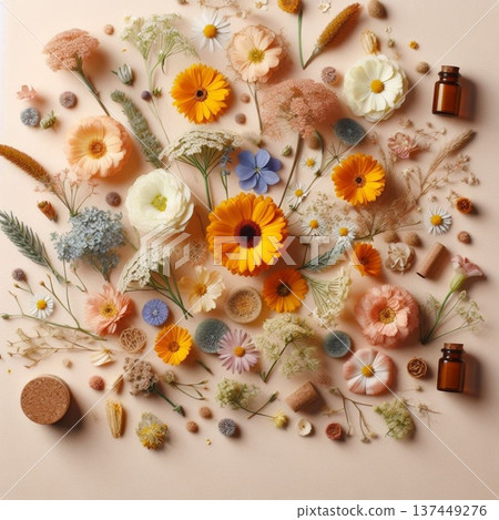 Natural flowers frame with copy space background flat lay. Natural flowers frame with copy space background flat lay. 137449276