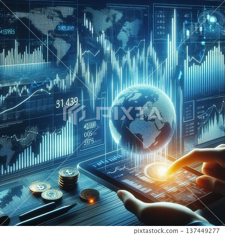 Hands holding digital screen with world stock graphics, finance concept. Hands holding digital screen with world stock graphics, finance concept. 137449277