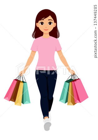 Woman hold shopping bag walk isolated 137449285